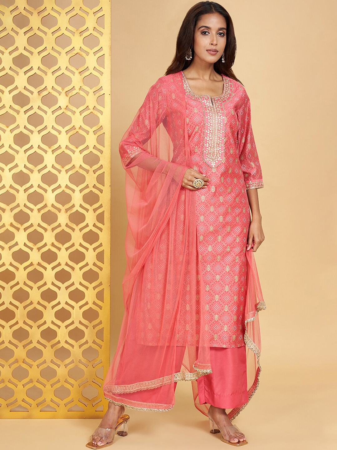 

RANGMANCH BY PANTALOONS Bandhani Printed Kurta With Palazzos & Dupatta, Coral