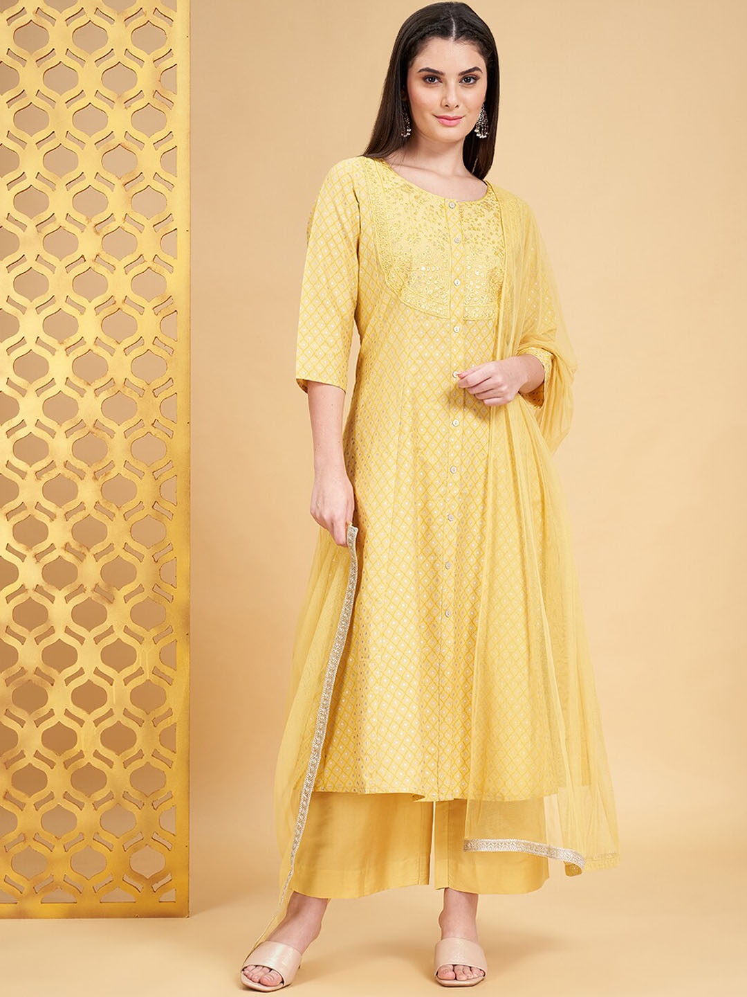 

RANGMANCH BY PANTALOONS Ethnic Printed Chanderi Silk Kurta with Palazzos & Dupatta, Yellow