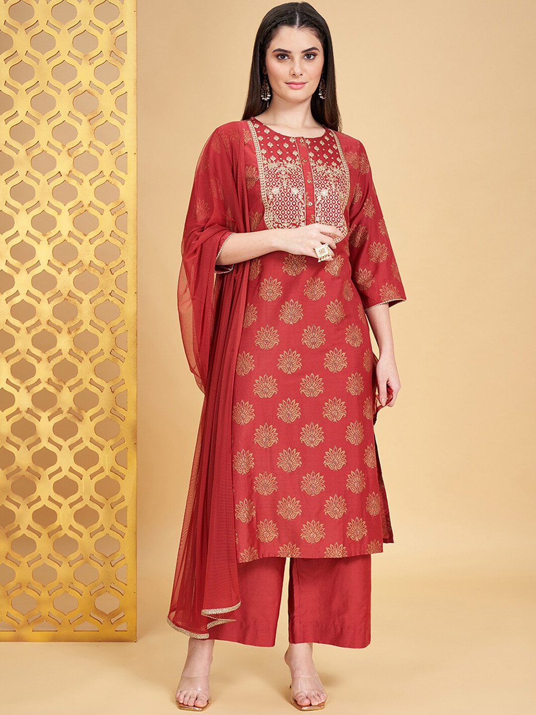 

RANGMANCH BY PANTALOONS Floral Embroidered Regular Kurta with Palazzos & Dupatta, Rust