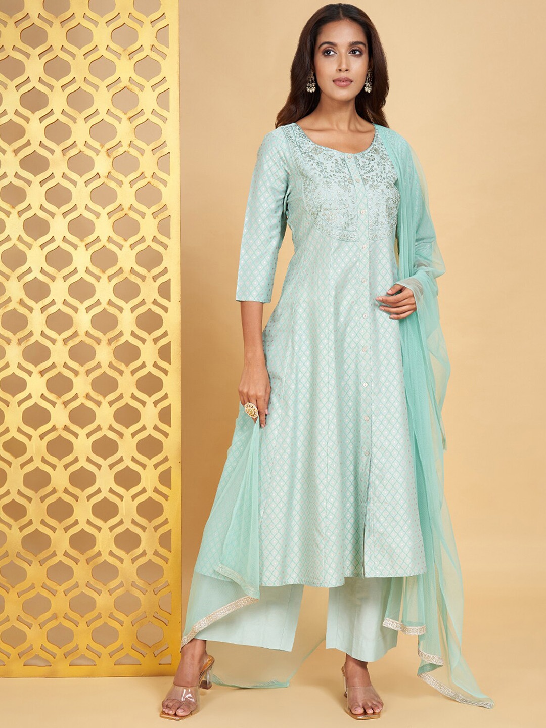 

RANGMANCH BY PANTALOONS Floral Embroidered Chanderi Silk Kurta with Palazzos & Dupatta, Blue