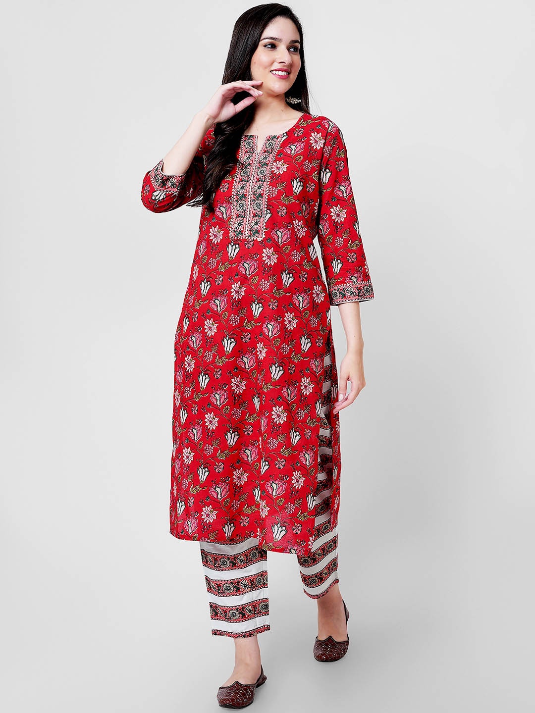 

KALINI Floral Printed Pure Cotton Gotta Patti Kurta with Palazzos, Red