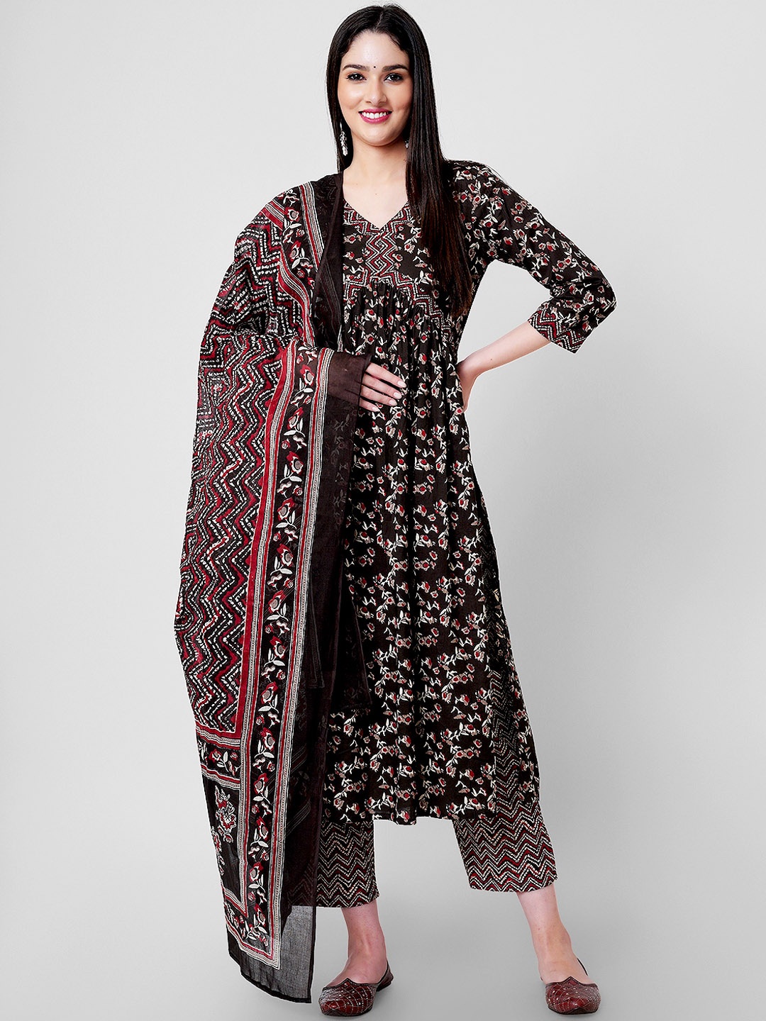 

KALINI Floral Printed Empire Gotta Patti Pure Cotton Kurta With Palazzos & Dupatta, Brown