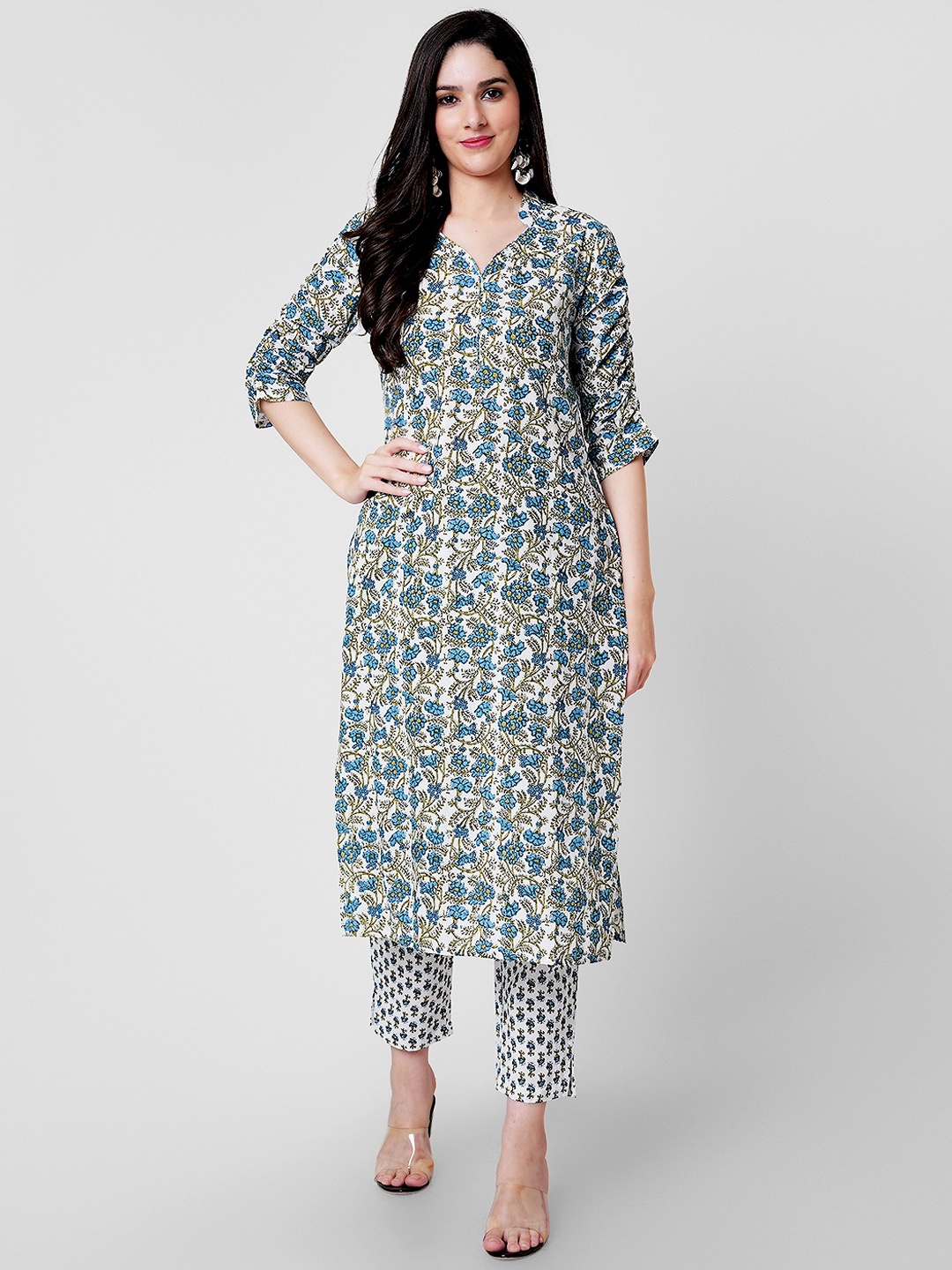 

KALINI Floral Printed Pure Cotton Regular Kurta with Trousers, Blue