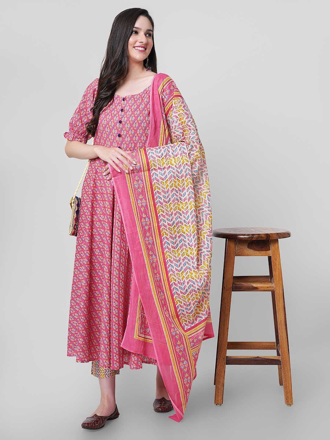 

KALINI Floral Printed Pure Cotton Anarkali Kurta With Trousers & Dupatta, Pink