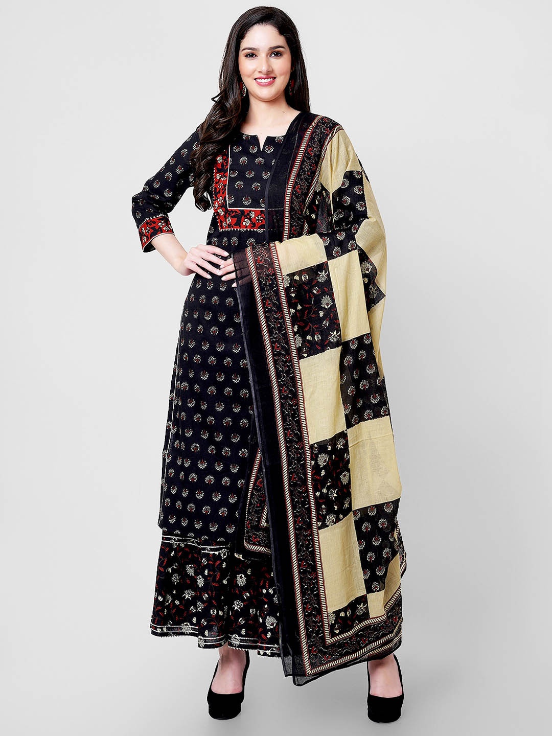 

KALINI Ethnic Motifs Printed Regular Gotta Patti Pure Cotton Kurta With Sharara & Dupatta, Black