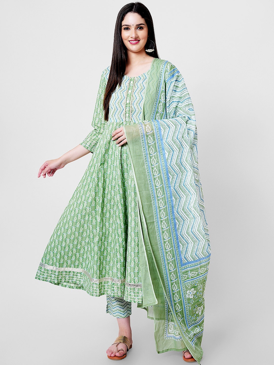 

KALINI Ethnic Motifs Printed Gotta Patti Pure Cotton A-Line Kurta & Trousers With Dupatta, Green