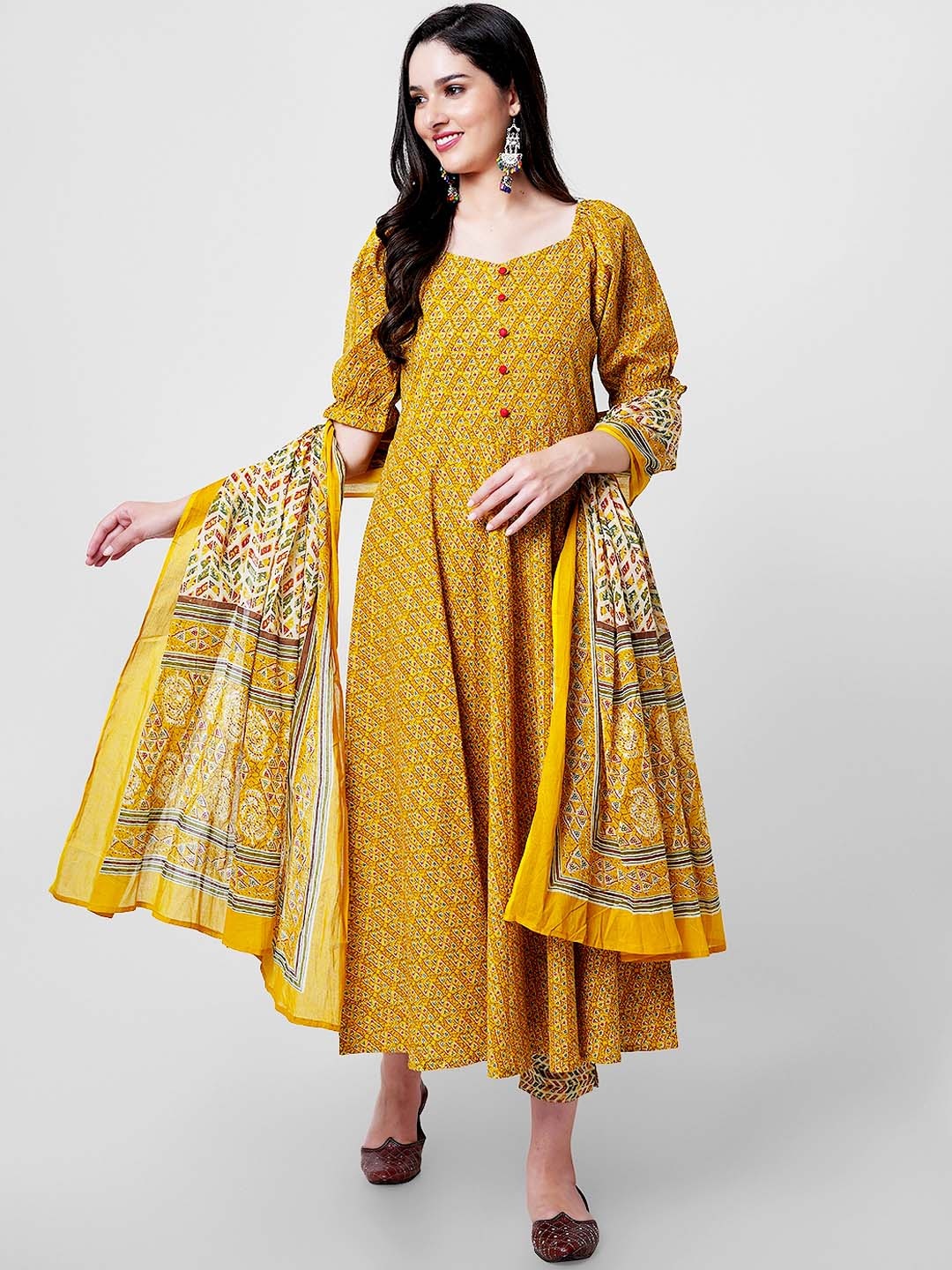 

KALINI Floral Printed Regular Gotta Patti Pure Cotton Kurta With Trousers & Dupatta, Mustard