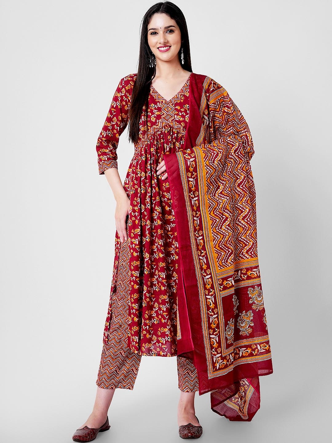 

KALINI Floral Printed Empire Gotta Patti Pure Cotton Kurta With Palazzos & Dupatta, Orange