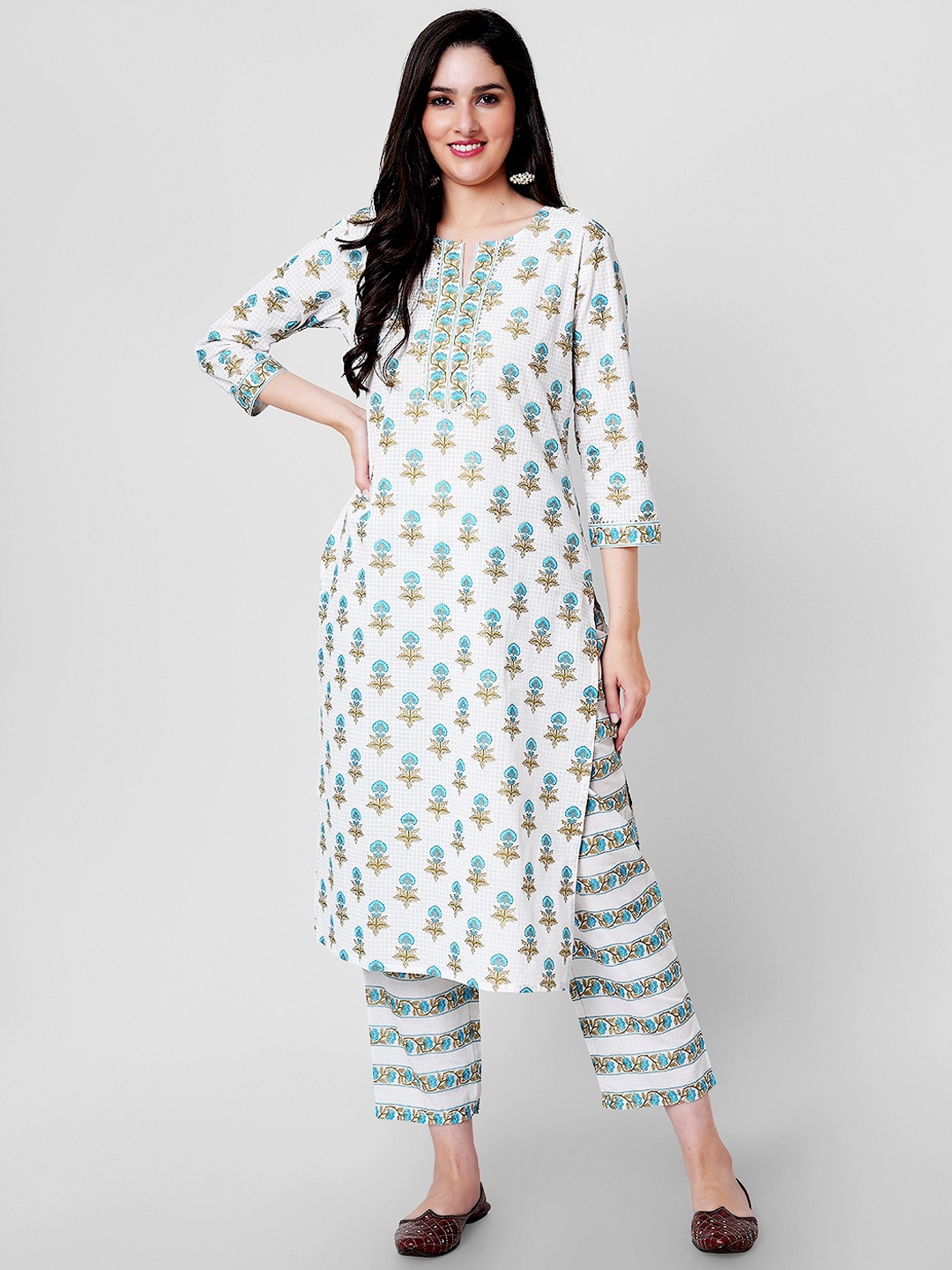 

KALINI Ethnic Motifs Printed Regular Gotta Patti Pure Cotton Kurta With Palazzos, White