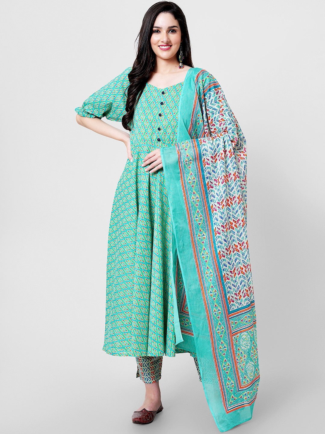 

KALINI Women Abstract Printed Pure Cotton Kurta & Trousers With Dupatta, Sea green