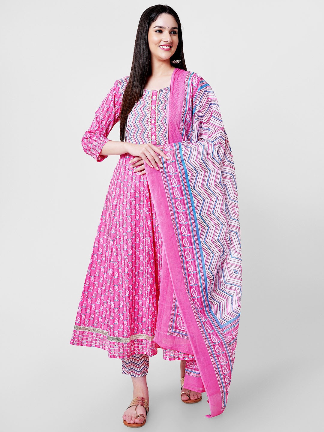 

KALINI Ethnic Motifs Printed Regular Gotta Patti Pure Cotton Kurta With Trousers & Dupatta, Pink