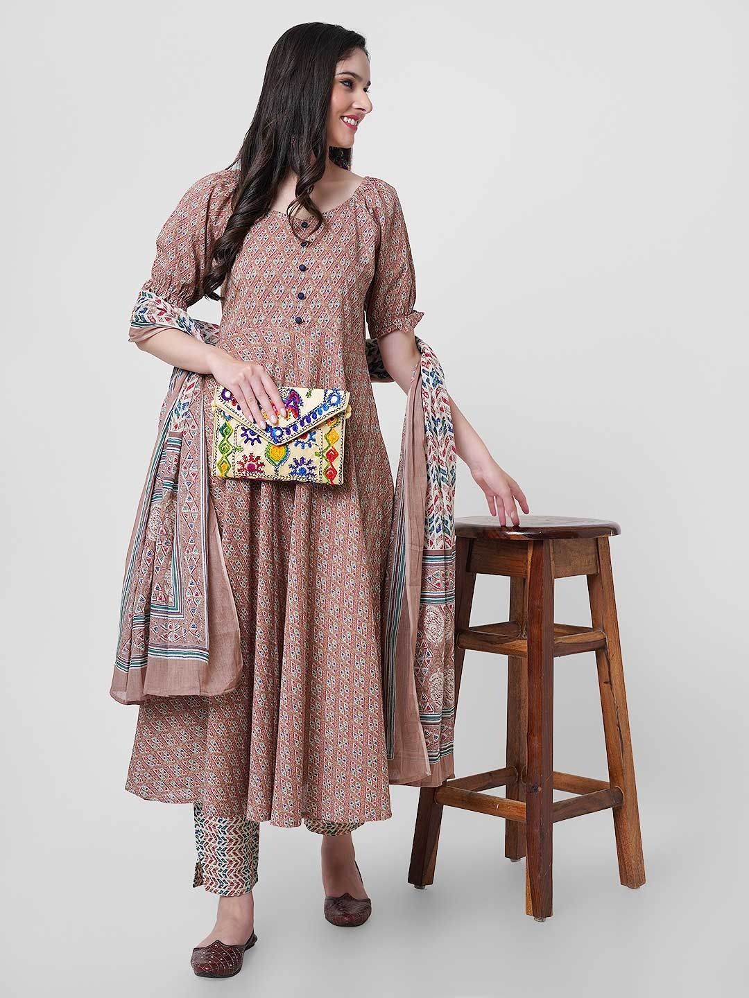 

KALINI Ethic Motifs Printed Pure Cotton Anarkali Kurta With Trousers & Dupatta, Brown