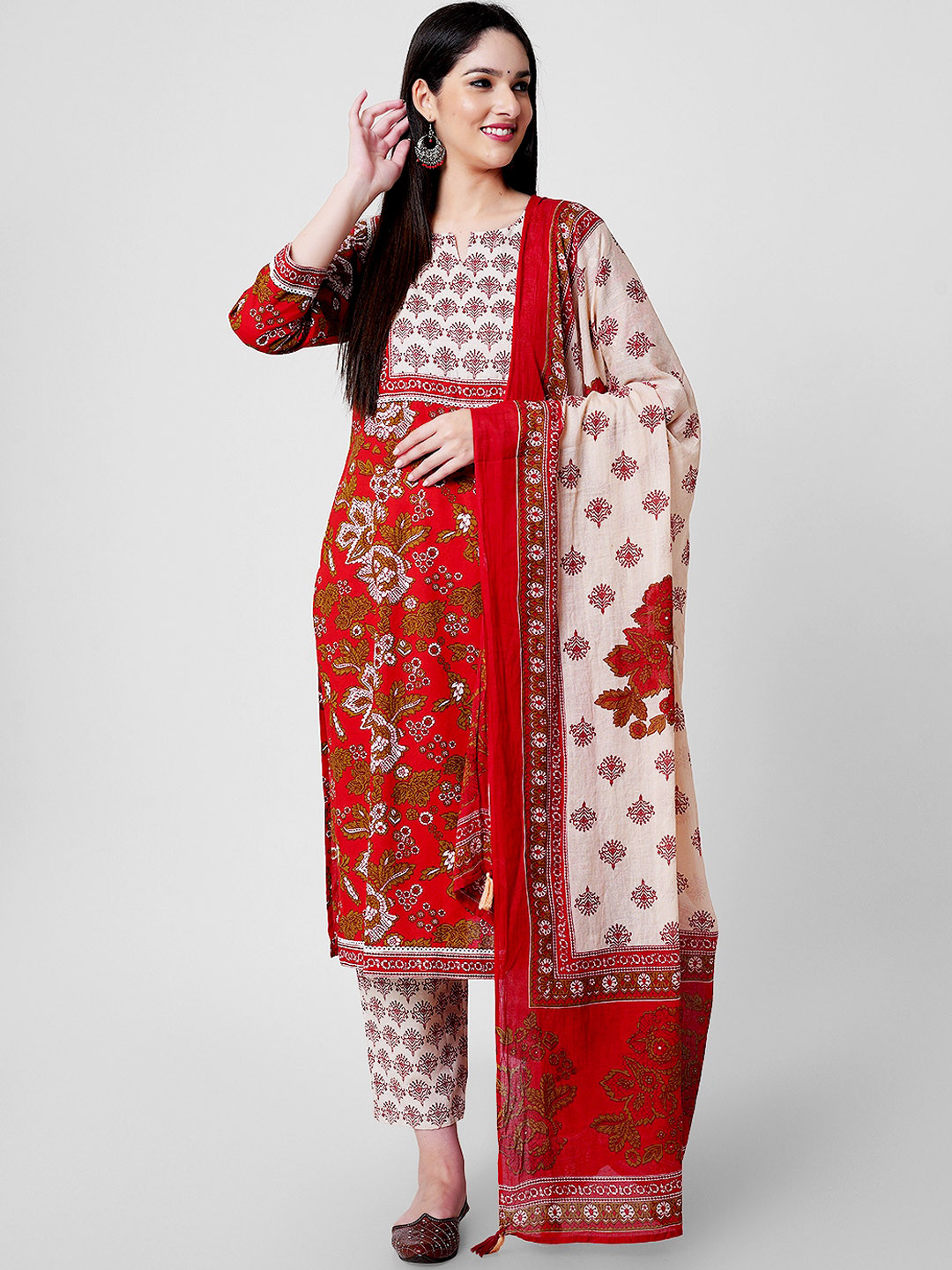 

KALINI Floral Printed Pure Cotton Regular Kurta with Trousers & With Dupatta, Red