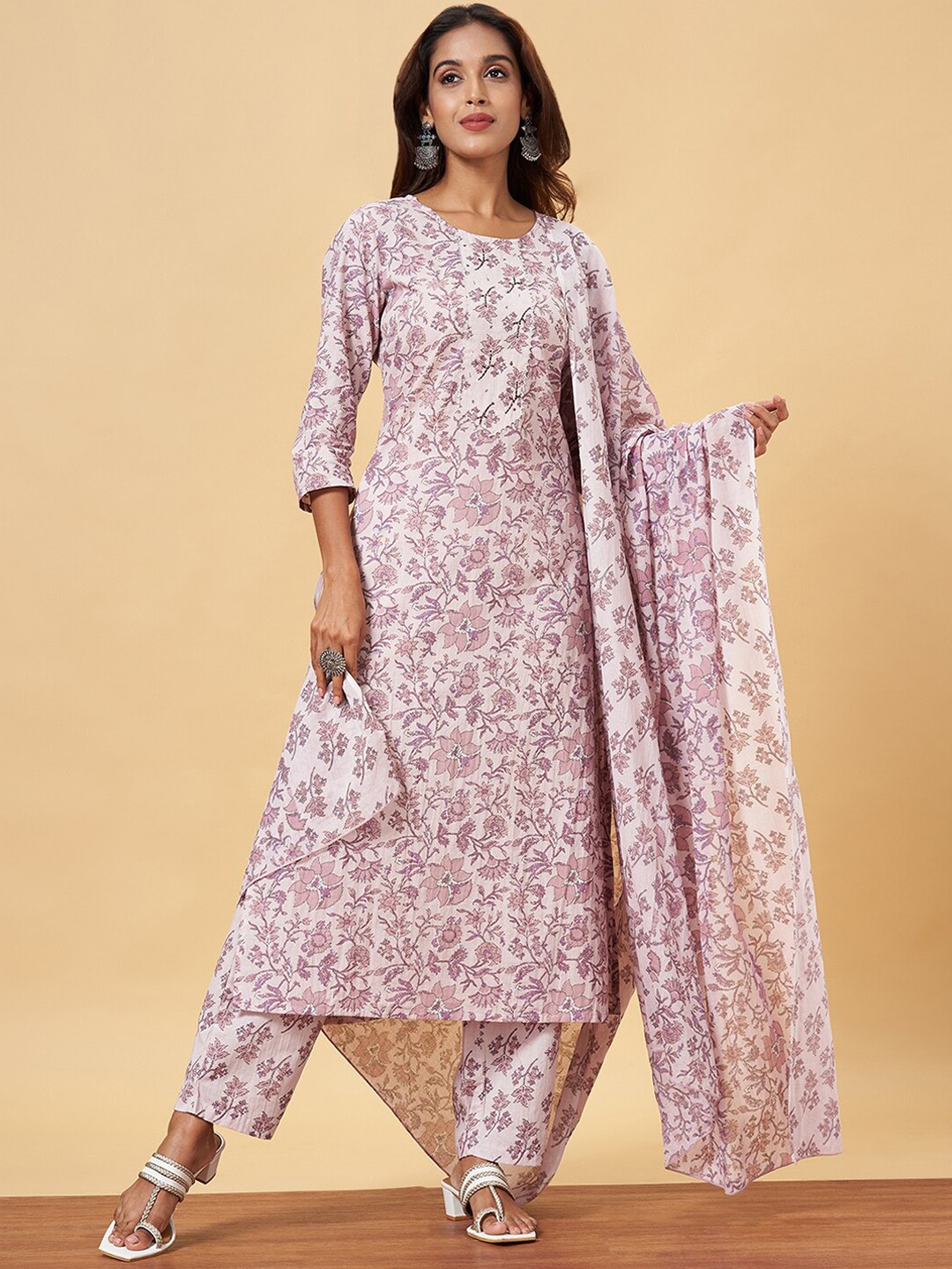 

YU by Pantaloons Floral Printed Regular Pure Cotton Kurta With Trousers & Dupatta, White