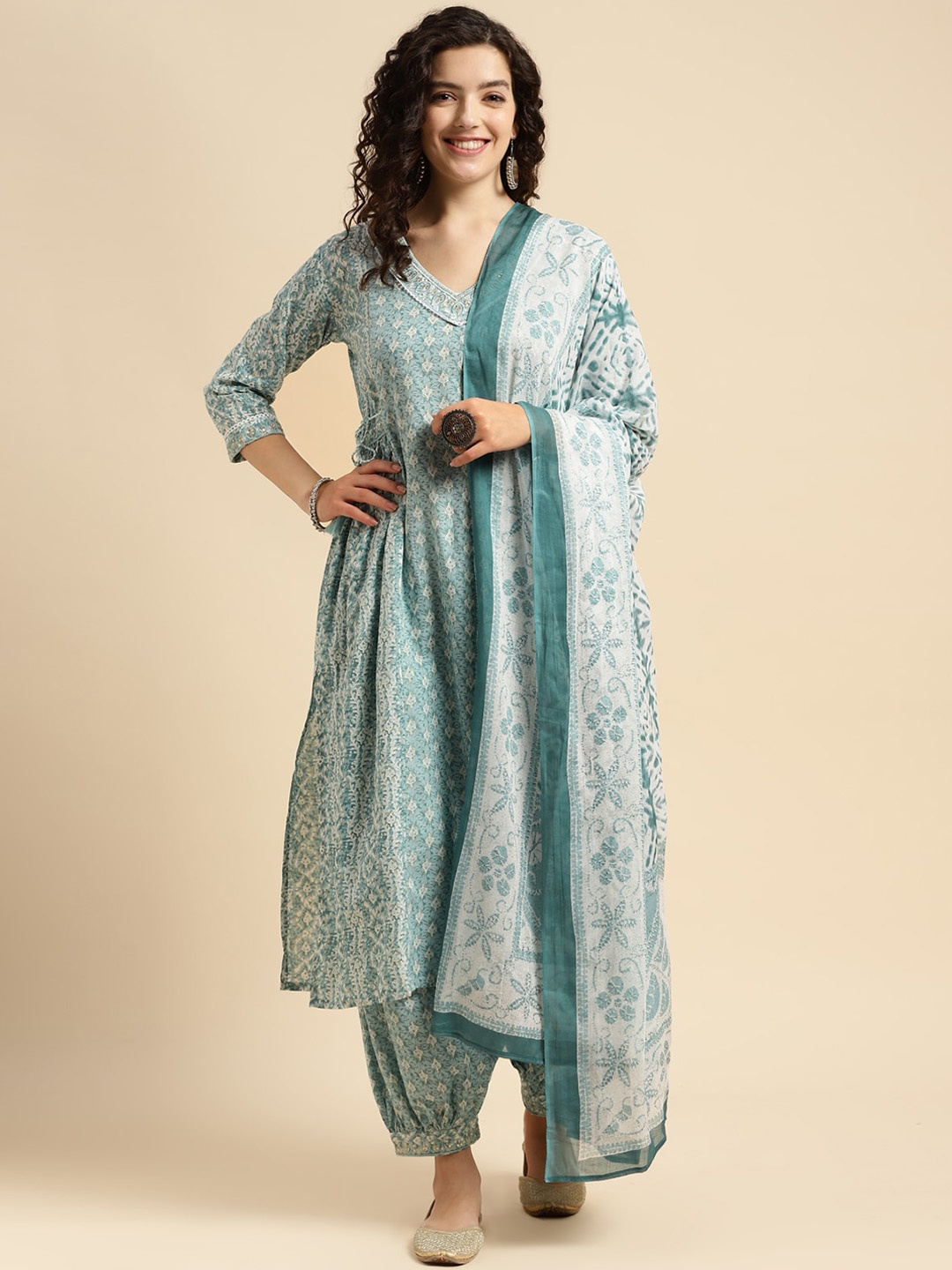 

Rangita Ethnic Motifs Printed Pure Cotton A-Line Kurta With Salwar & Dupatta, Blue