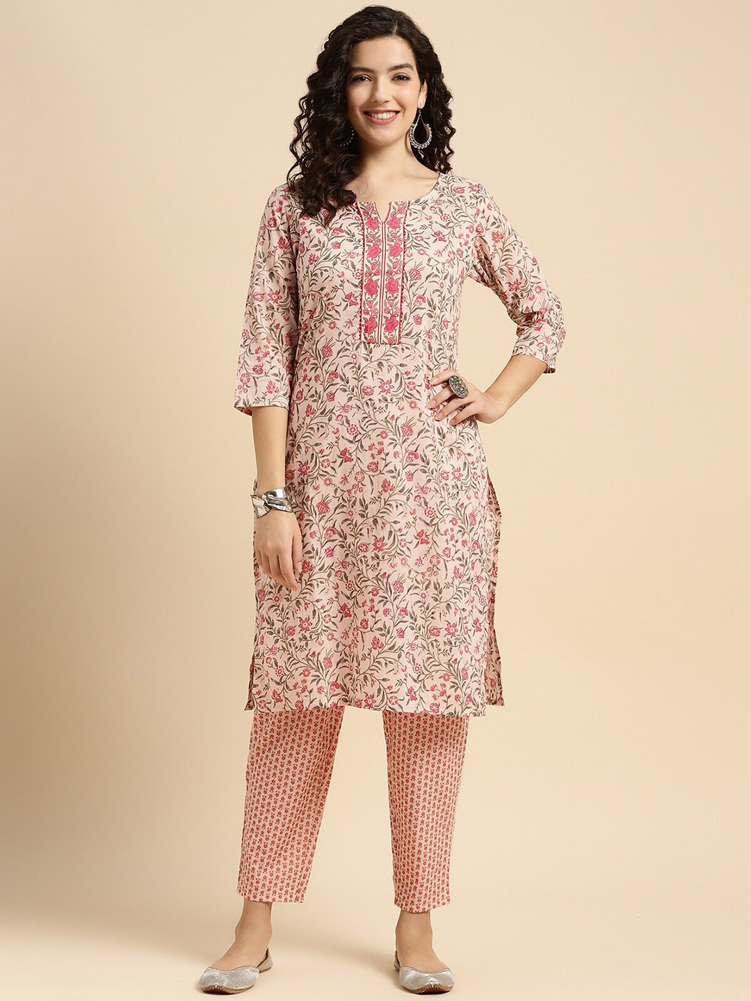 

Rangita Floral Printed Regular Pure Cotton Kurta with Trousers, Pink