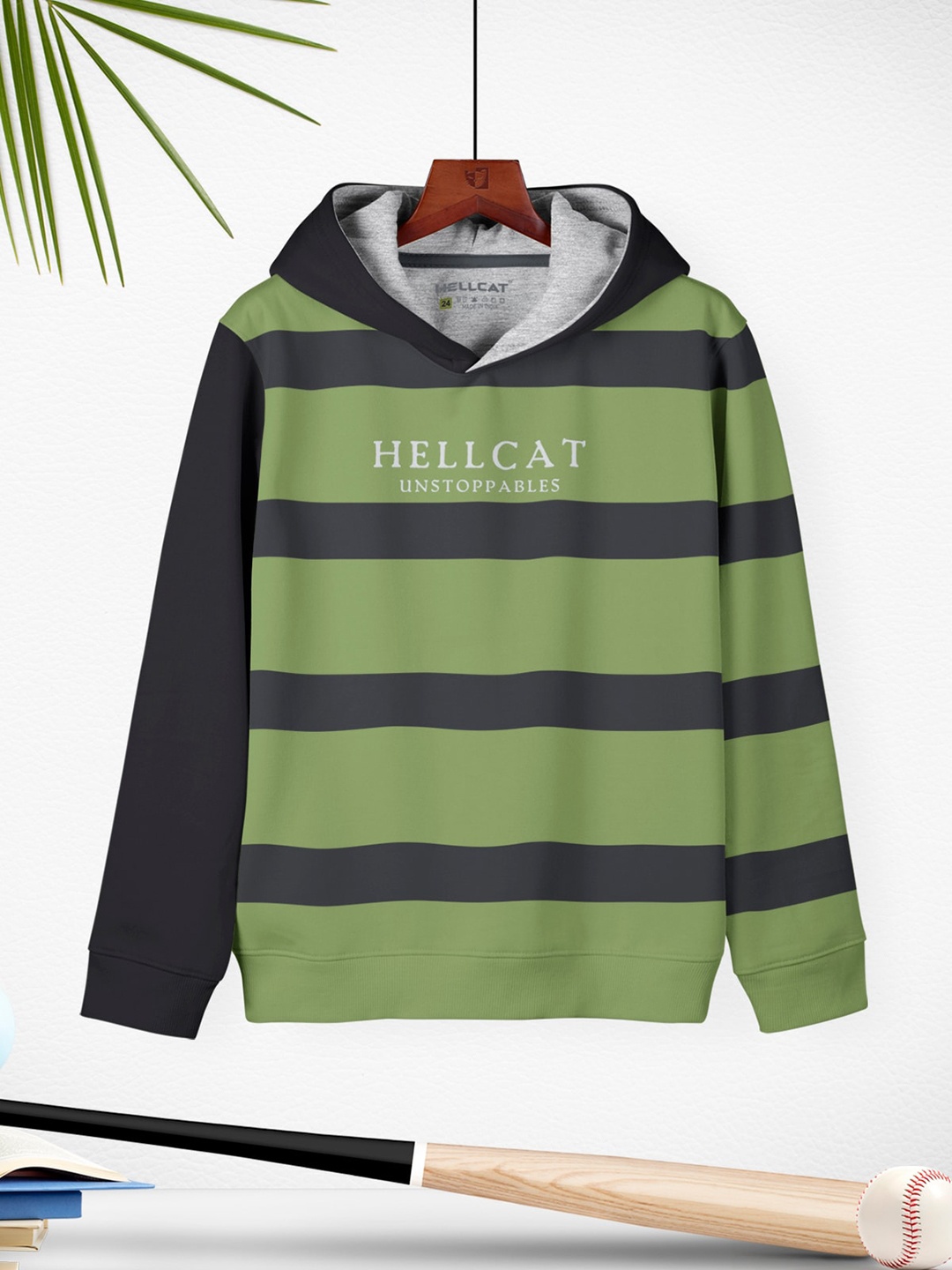 

HELLCAT Girls Striped Hooded Regular Fit Cotton T-Shirt, Green