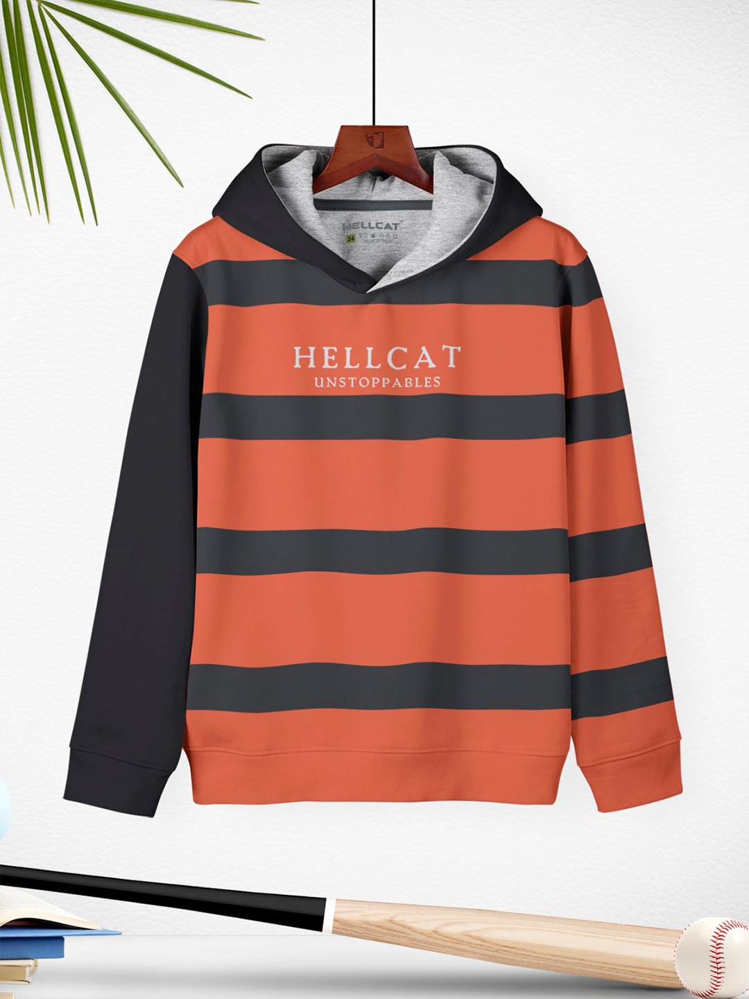 

HELLCAT Girls Striped Hooded Regular Fit Cotton T-Shirt, Orange