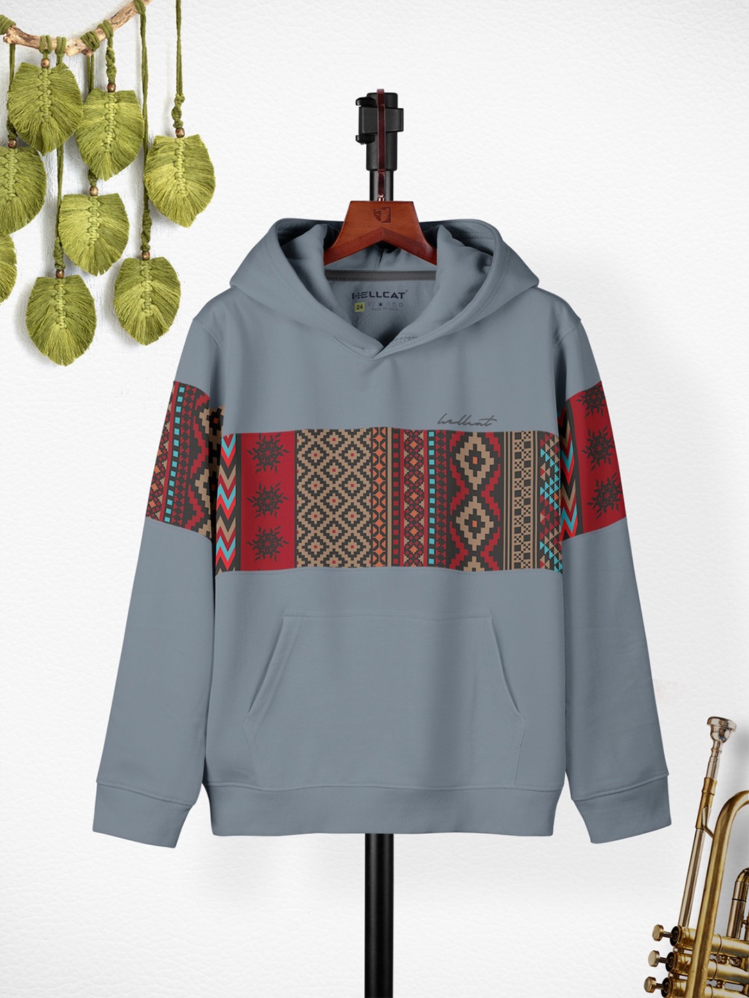 

HELLCAT Girls Ethnic Motif Printed Hooded Regular Fit Cotton T-Shirt, Grey