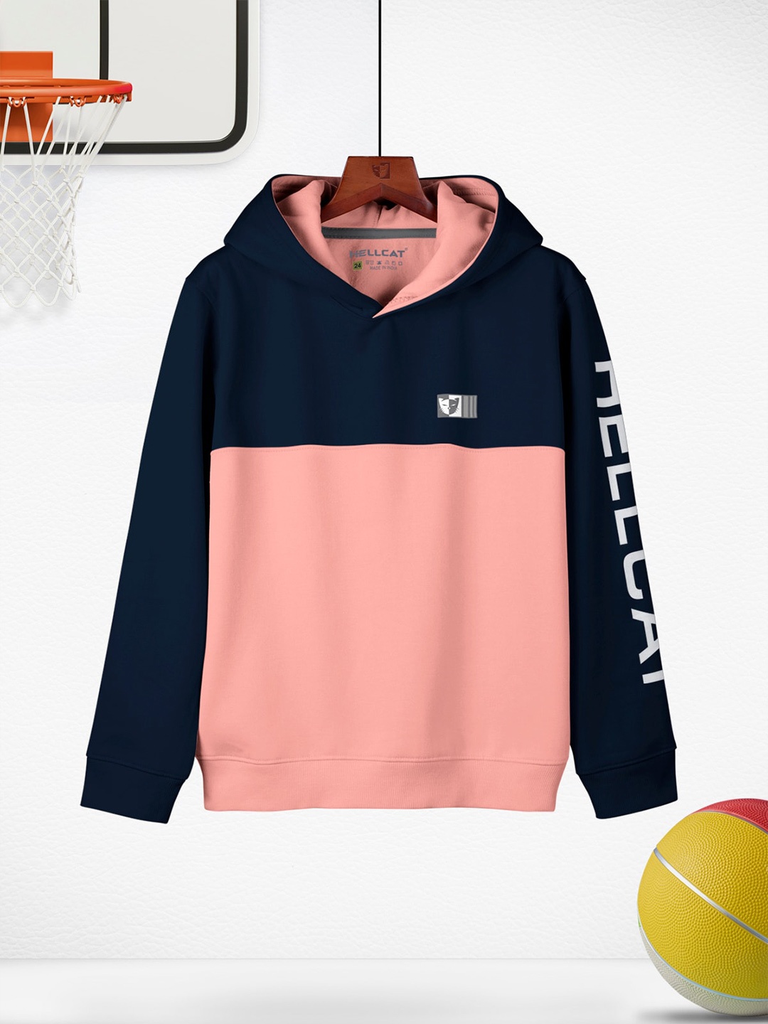 

HELLCAT Girls Colourblocked Hooded Regular Fit Cotton T-Shirt, Peach