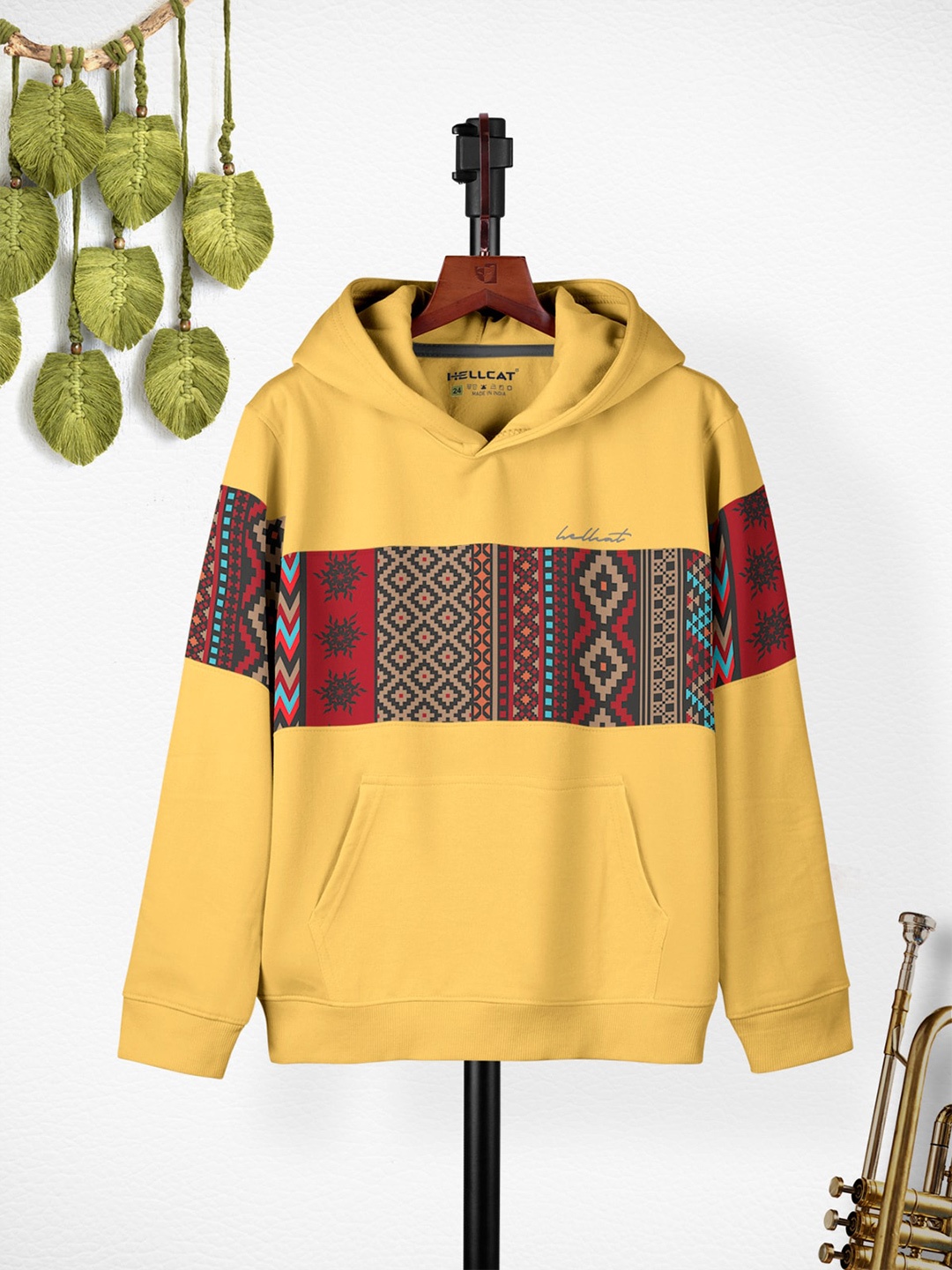 

HELLCAT Girls Ethnic Motif Printed Hooded Regular Fit Cotton T-Shirt, Mustard