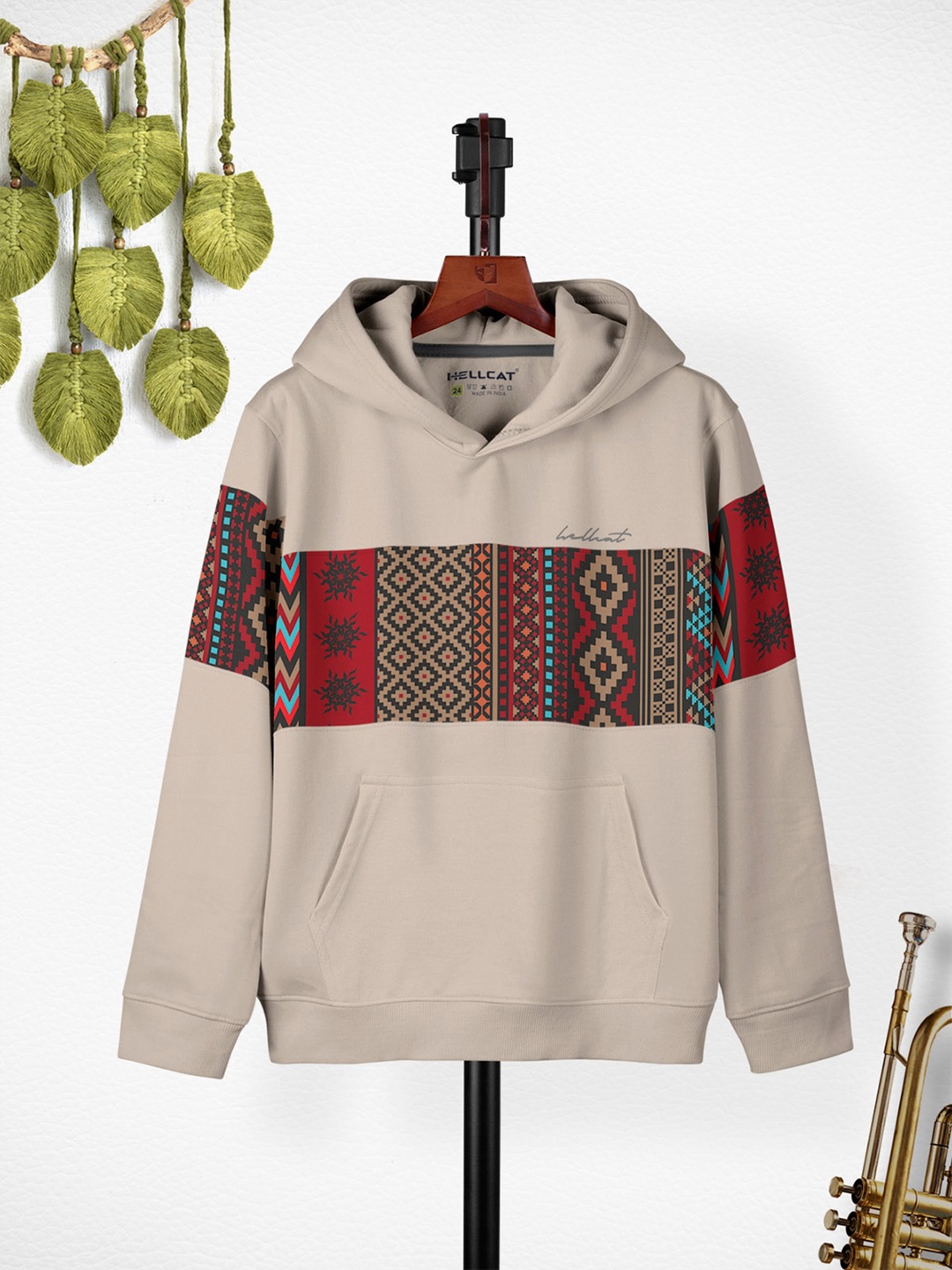 

HELLCAT Girls Ethnic Motif Printed Hooded Regular Fit Cotton T-Shirt, Grey
