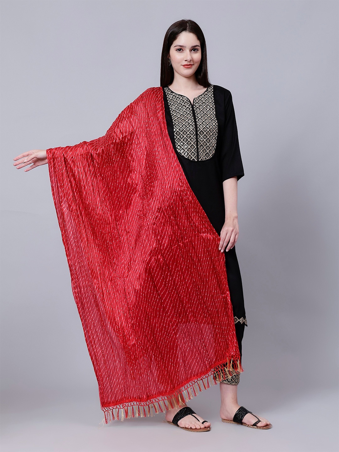 

Aditi Wasan Striped Dyed Leheriya Cotton Dupatta, Red