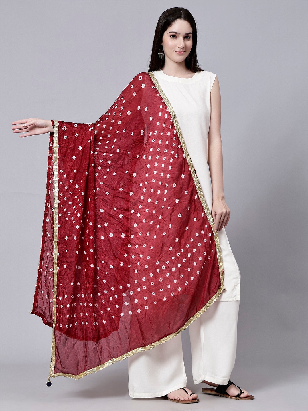 

Aditi Wasan Bandhani Printed Lace Border Chiffon Dupatta, Red