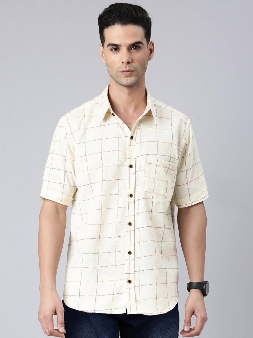 

ERISHA Comfort Grid Tattersall Checked Cotton Casual Shirt, Cream