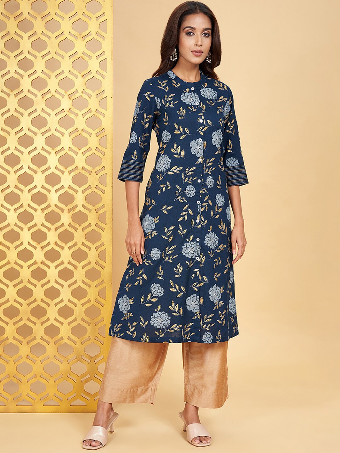 RANGMANCH BY PANTALOONS Floral Printed Band Collar Straight Kurta, Blue