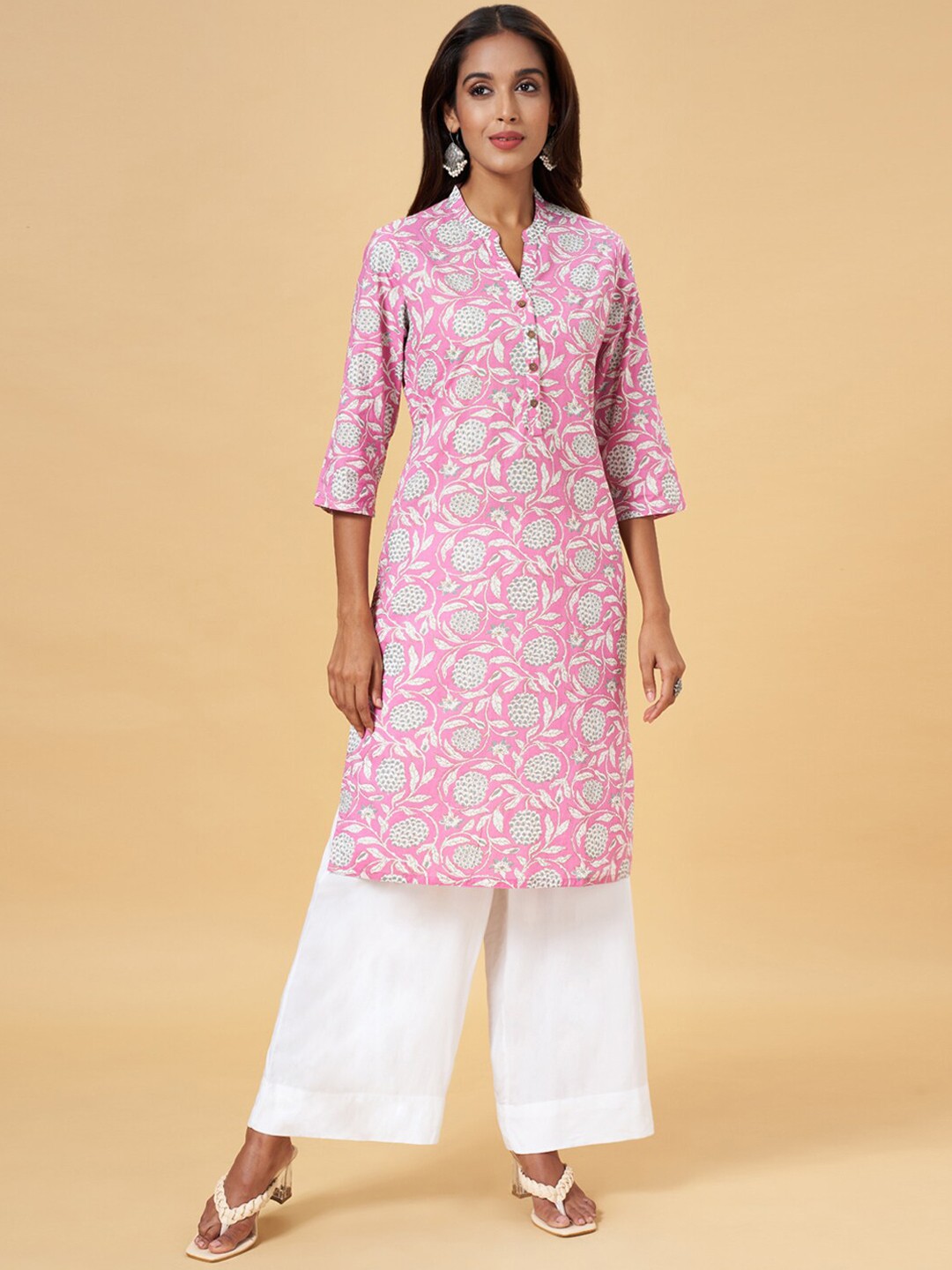 

RANGMANCH BY PANTALOONS Floral Printed Cotton Kurta, White