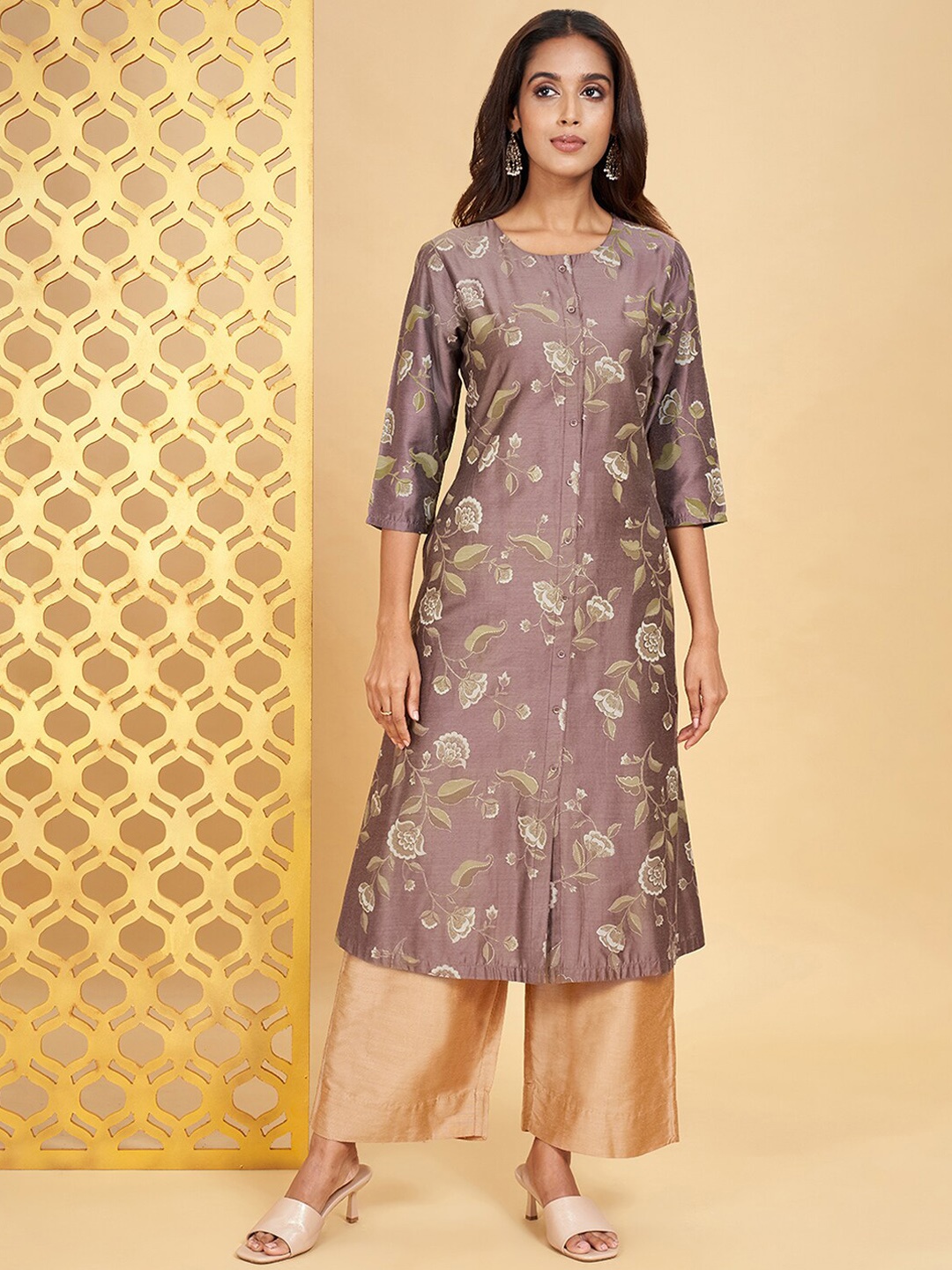 

RANGMANCH BY PANTALOONS Floral Printed A-line Kurta, Brown