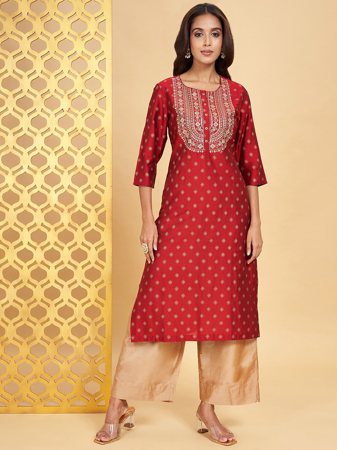 

RANGMANCH BY PANTALOONS Ethnic Motifs Printed Sequinned Kurta, Red