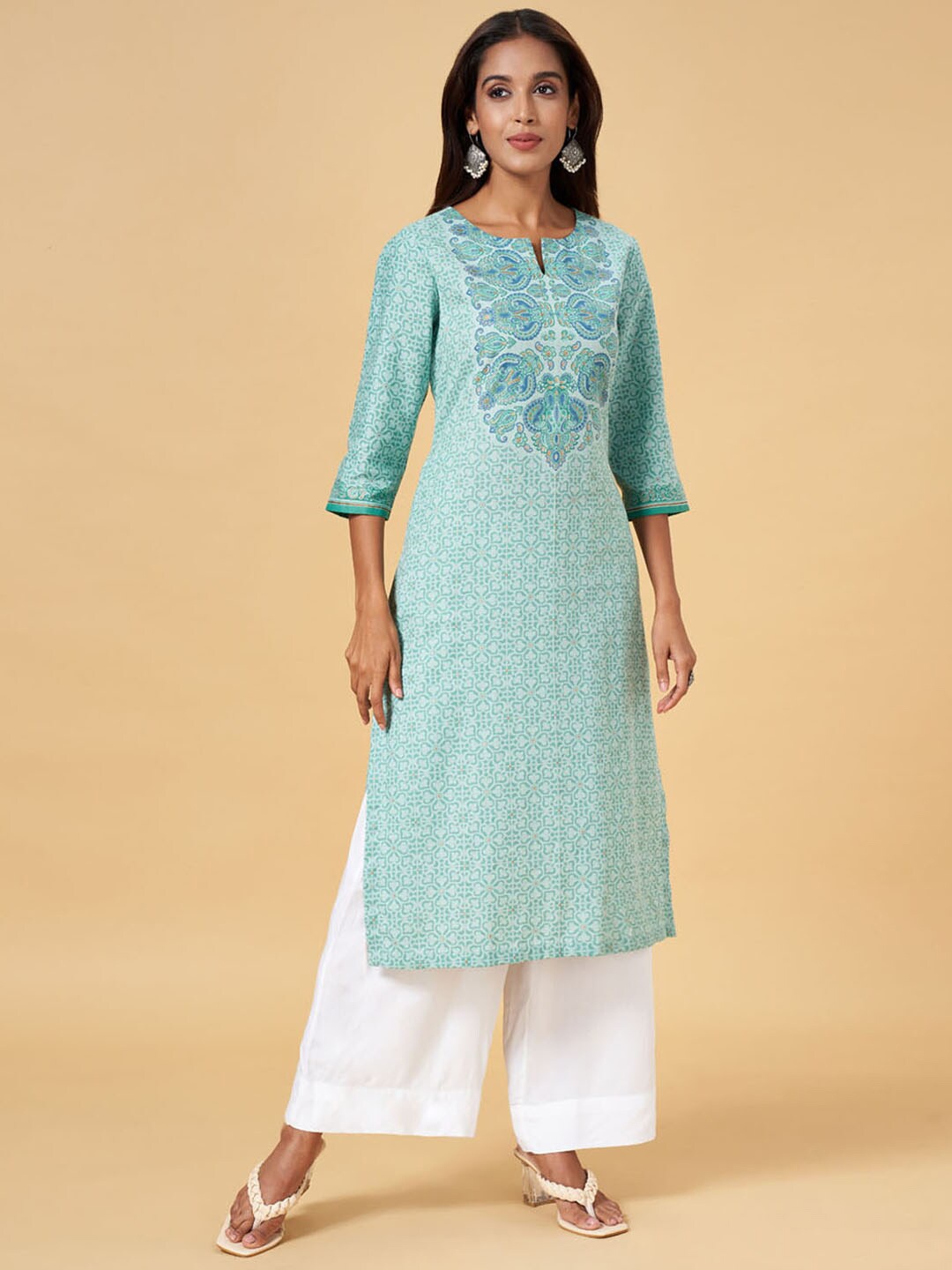 

RANGMANCH BY PANTALOONS Ethnic Motifs Printed Keyhole Neck Kurta, Sea green