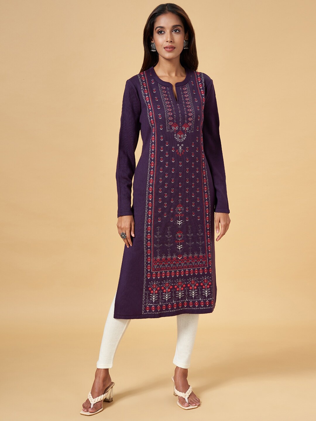 

RANGMANCH BY PANTALOONS Ethnic Motifs Printed Band Collar Kurta, Purple