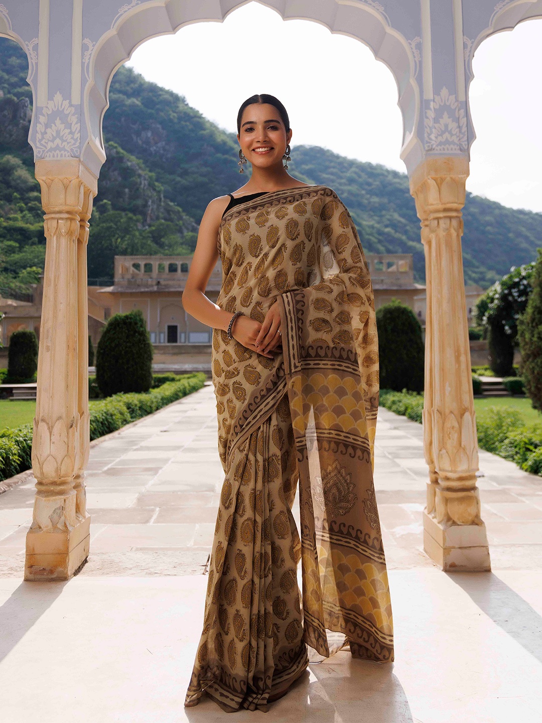 

Ragavi Ethnic Motifs Printed Pure Cotton Chanderi Saree, Brown