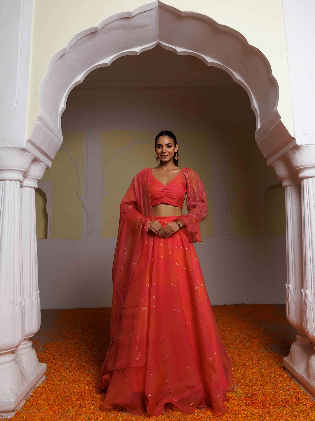 

Ragavi Foil Printed Organza Ready to Wear Lehenga & Blouse With Dupatta, Peach