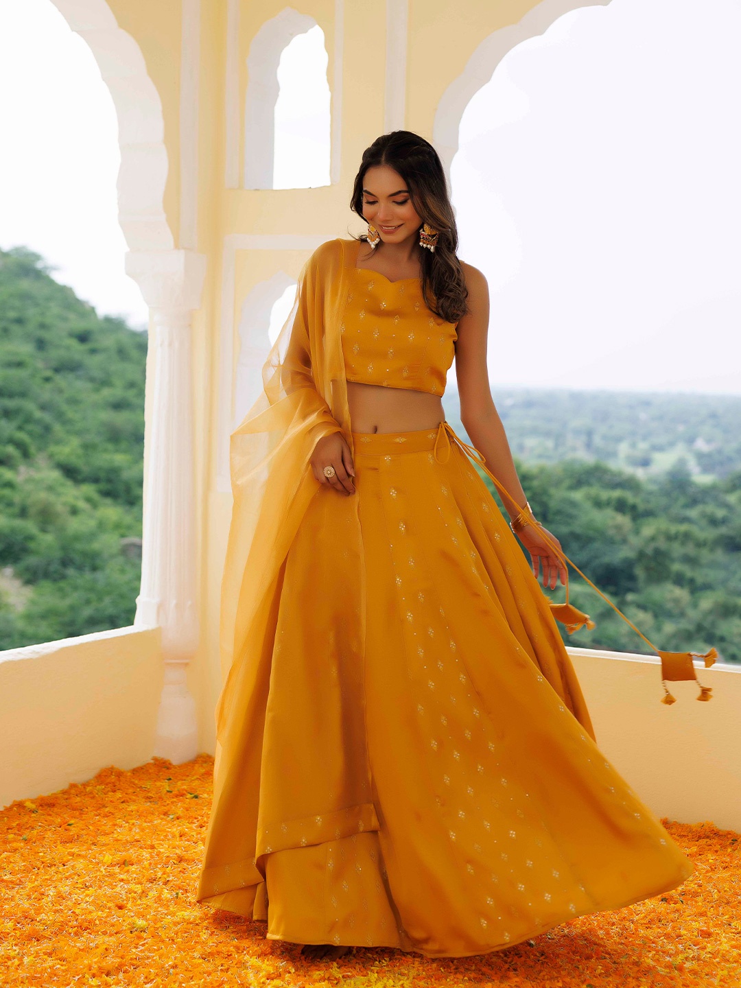 

Ragavi Embroidered Sequinned Ready to Wear Lehenga & Blouse With Dupatta, Yellow