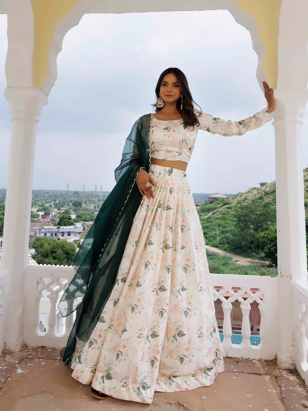 

Ragavi Floral Printed Foil Print Ready To Wear Lehenga & Blouse With Dupatta, Off white