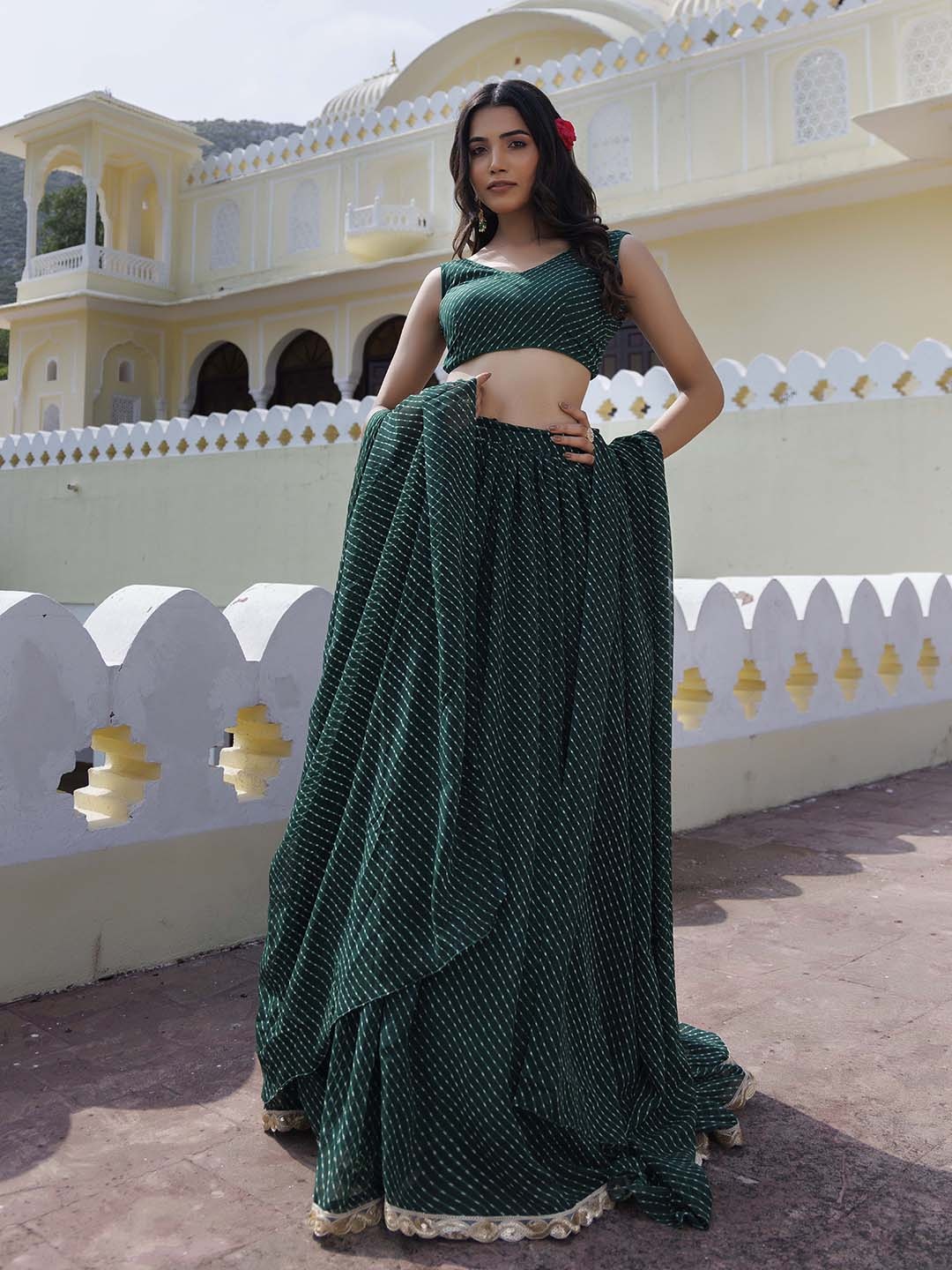 

Ragavi Striped Ready To Wear Lehenga & Blouse With Dupatta, Green
