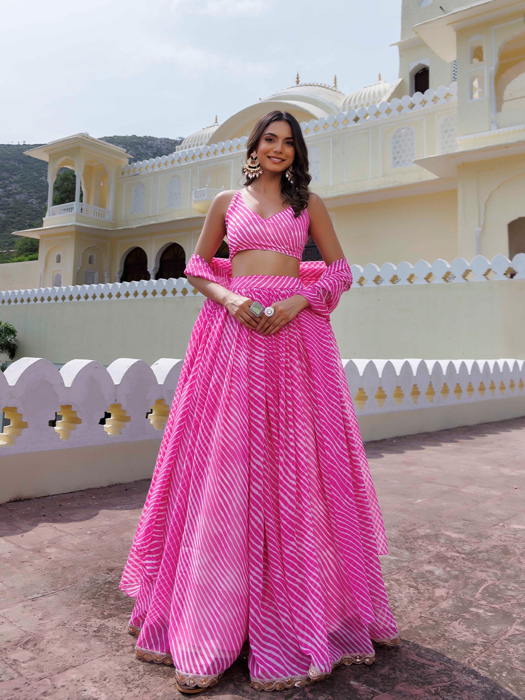 

Ragavi Printed Ready To Wear Lehenga & Blouse With Dupatta, Pink