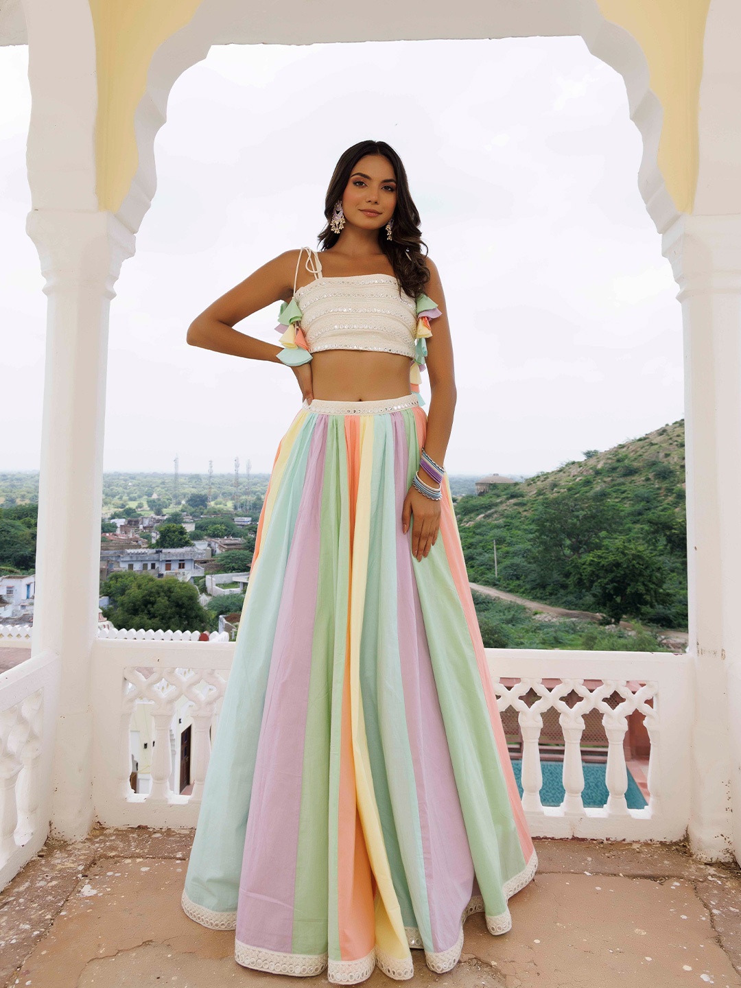 

Ragavi Embroidered Mirror Work Ready To Wear Lehenga & Choli, Off white