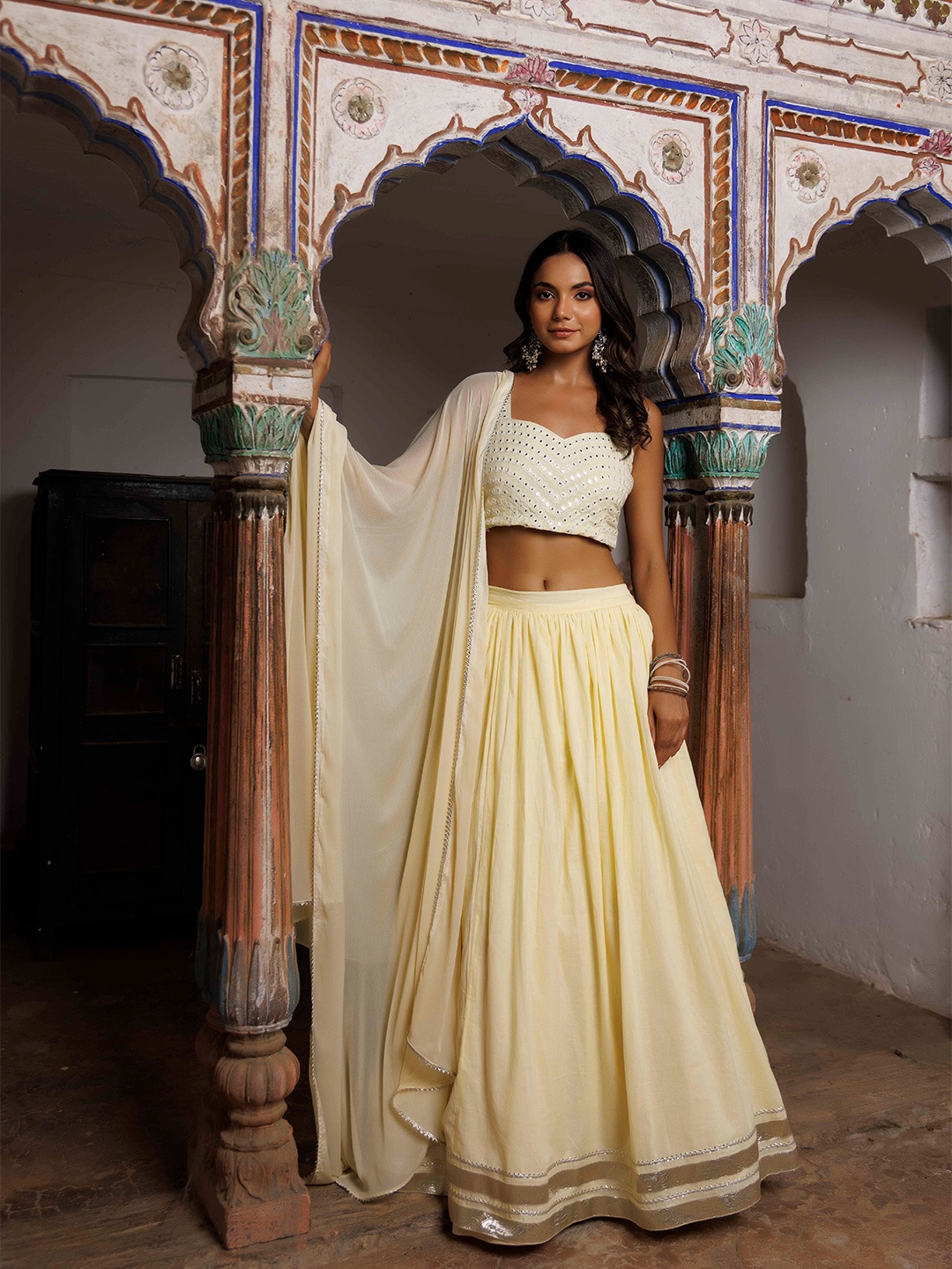 

Ragavi Embroidered Mirror Work Ready to Wear Lehenga & Blouse With Dupatta, Yellow