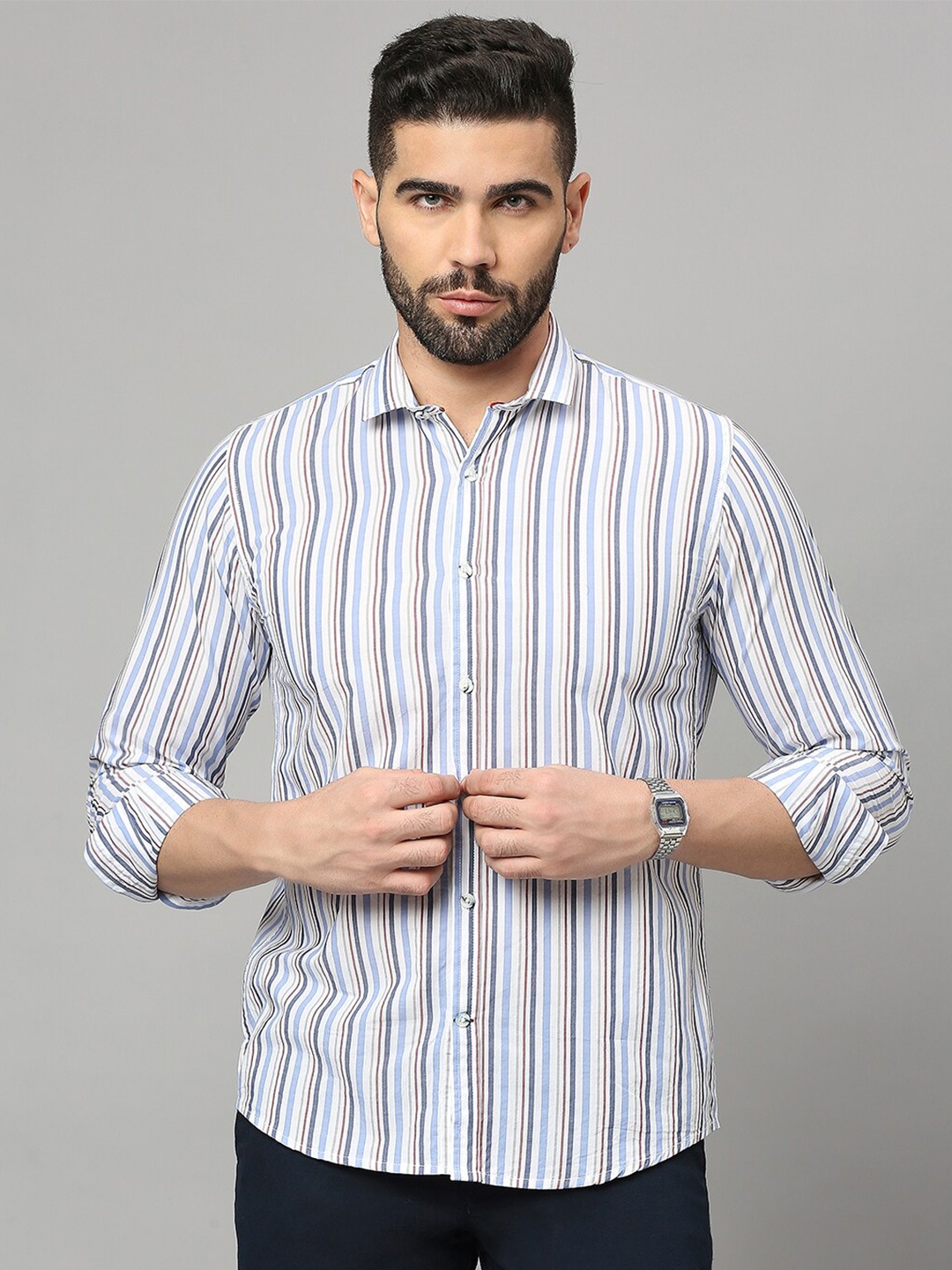 

Mast & Harbour Striped Classic Slim Fit Cotton Casual Shirt, Blue