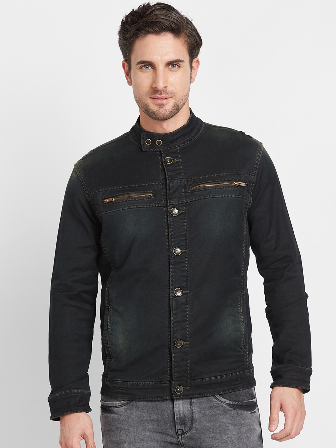 

Being Human Stand Collar Denim Jacket, Green