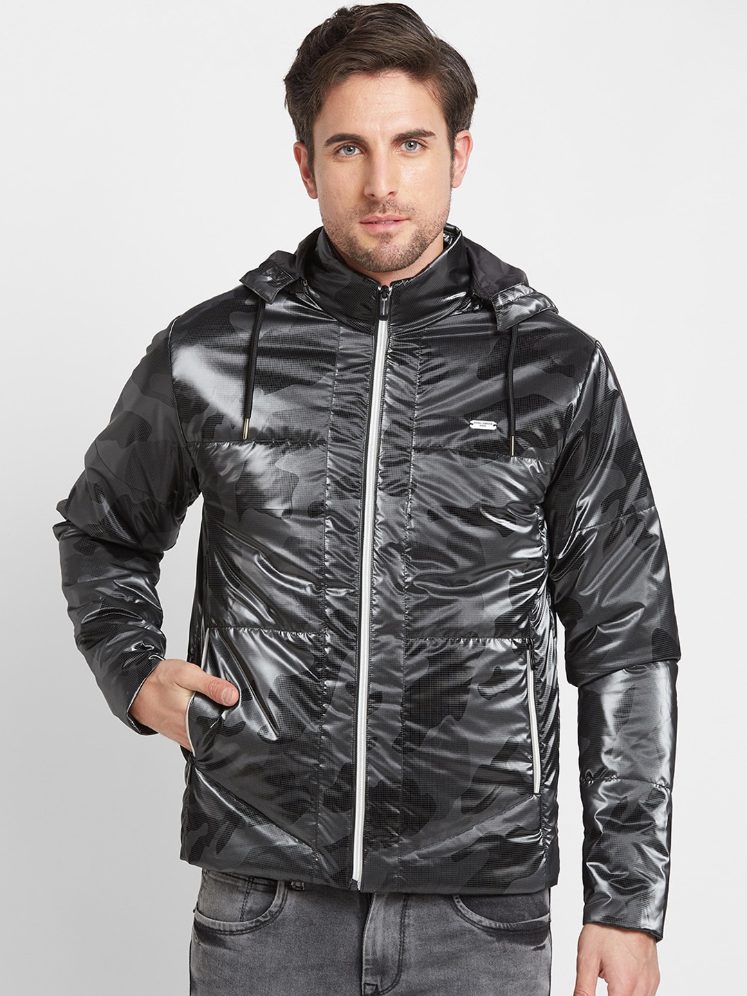 

Being Human Camouflage Printed Hooded Puffer Jacket, Black