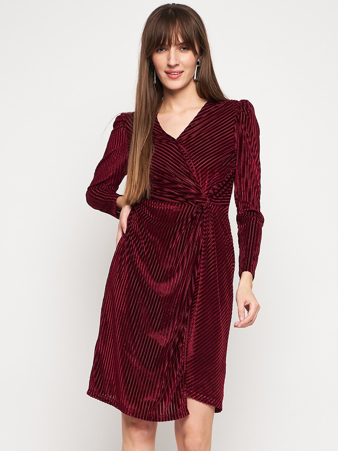 

Madame Striped Long Puff Sleeves Wrap Dress, Red