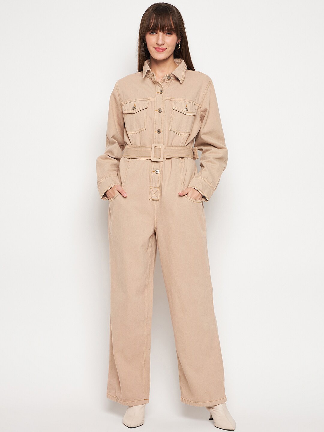 

Madame Shirt Collar Cotton Basic Jumpsuit With Belt, Beige