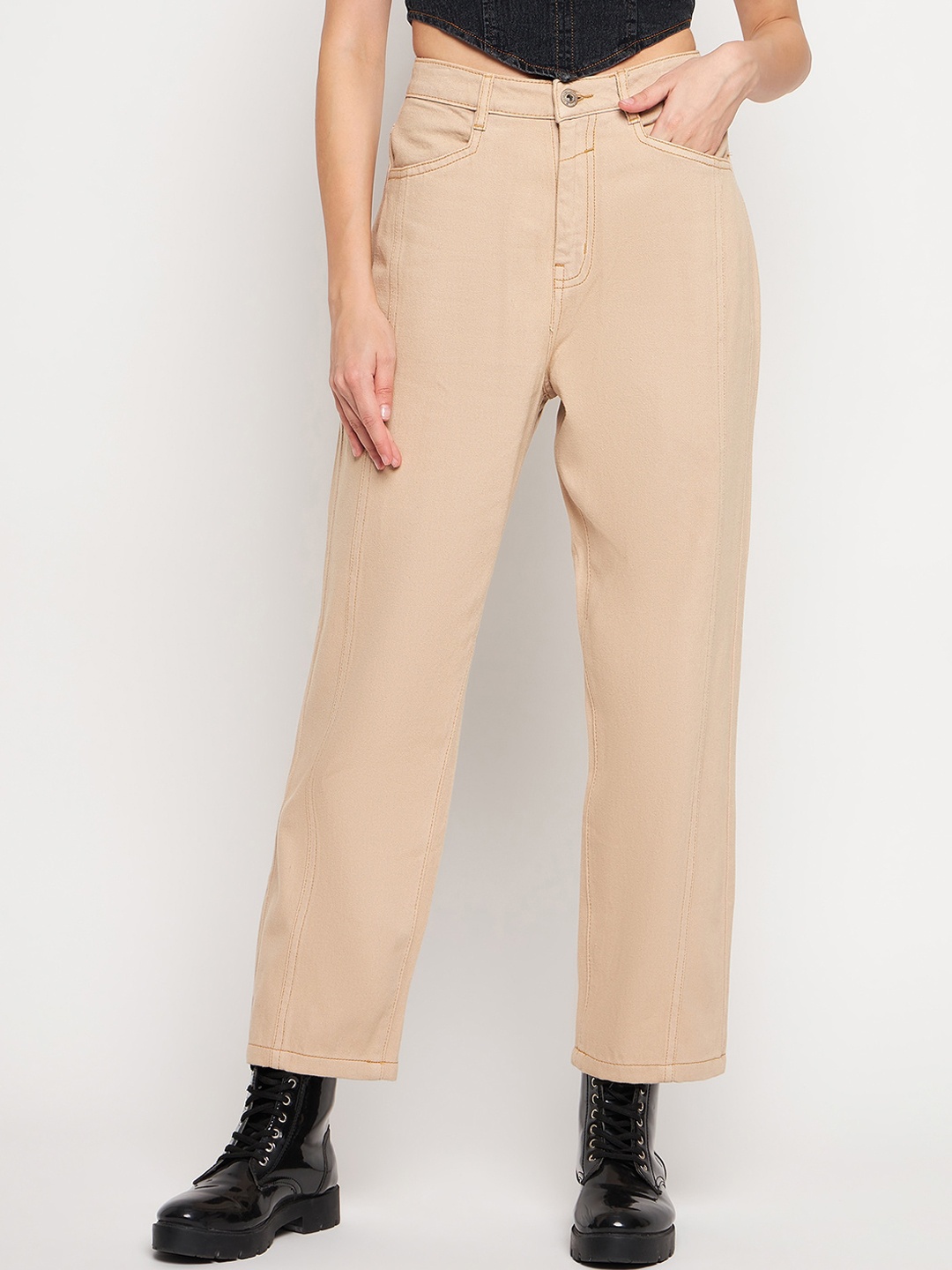 

Madame Women High-Rise Clean Look Coloured Cotton Jeans, Beige