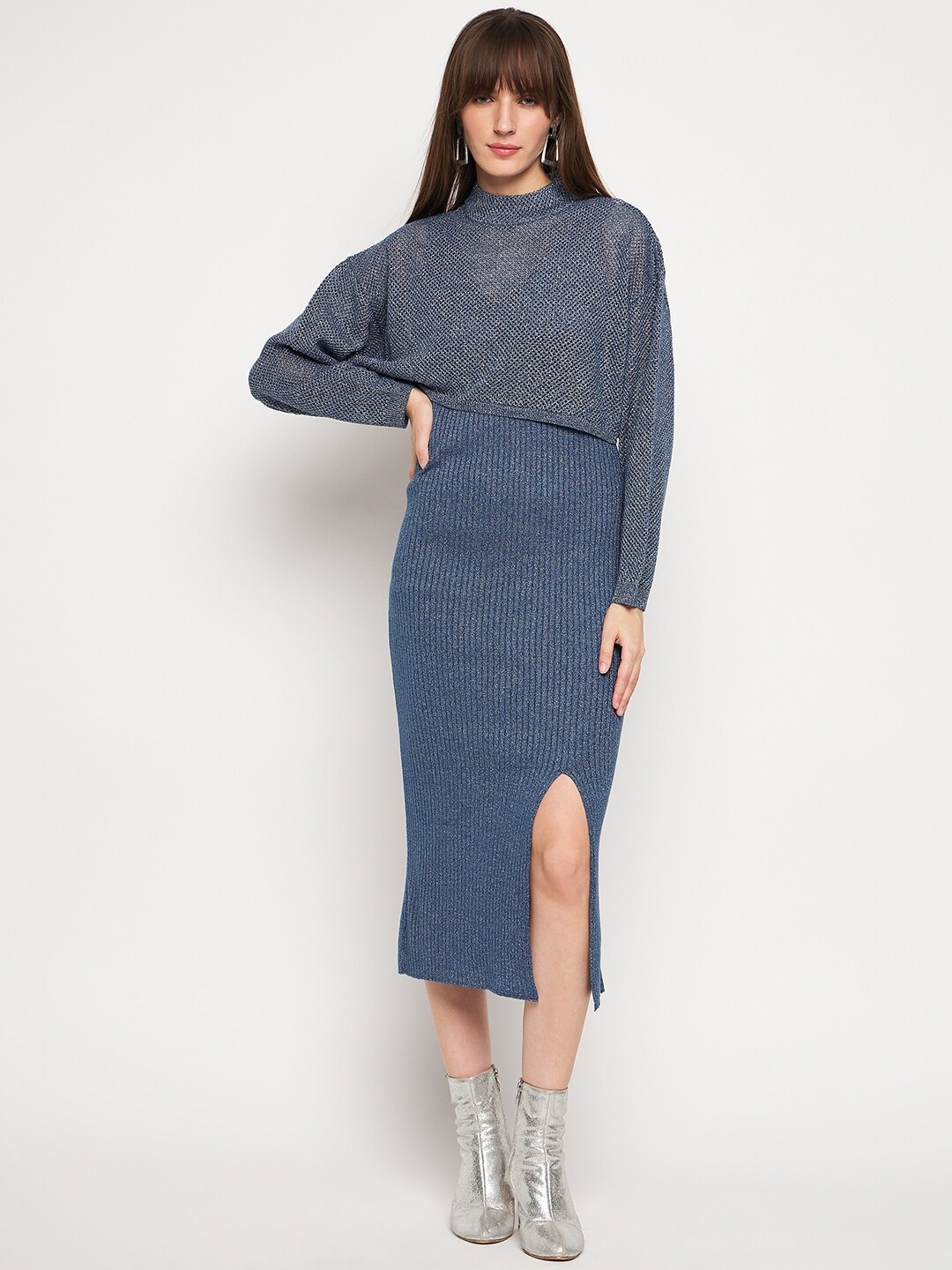 

Madame Self Design Bodycon Woolen Midi Dress With Top, Blue